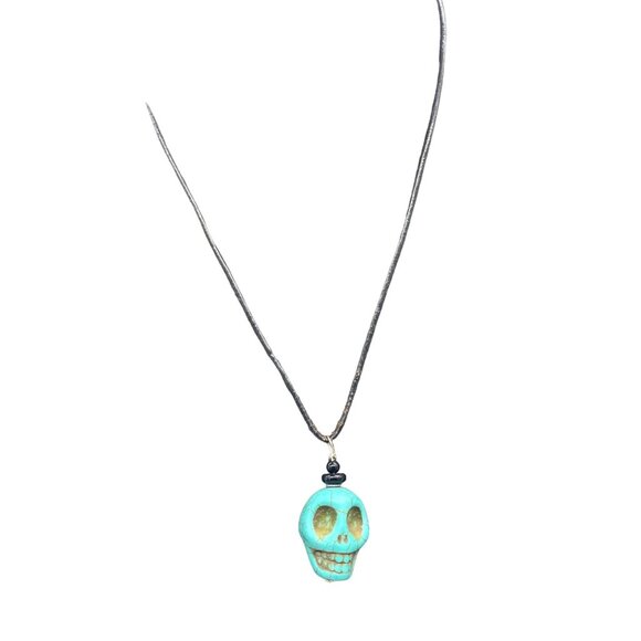 Blue Stone Skull Pendant Black Cord Necklace Halloween Biker Skeleton - Picture 1 of 7